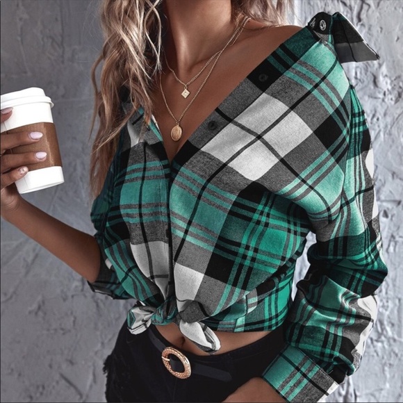 Boho Plaid Front Tie Button Down Long Sleeve Top - Picture 10 of 13